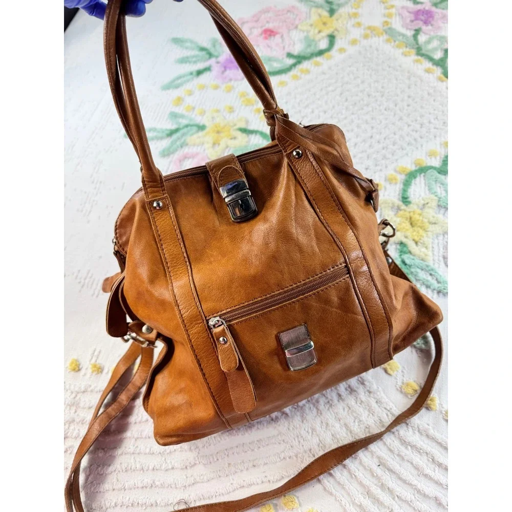 Borse in Pelle Italian Cognac Brown Leather Satchel Crossbody Bag
